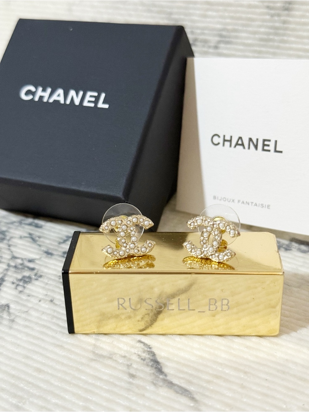 Chanel Gold Pearl CC Logo Stud Earrings
